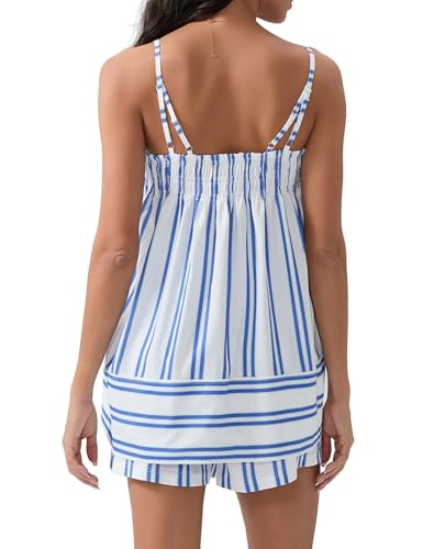Image of Wyeysyt Women 2 Piece Lounge Set Striped Pajama Set Ruffle Hem Cami Tops and Stripe Boxer Shorts Pj Set Sleepwear