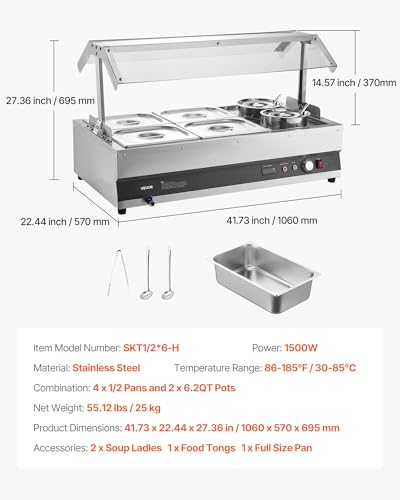 Image of VEVOR Electric Soup Warmer, Two 6.34QT Pots & Four 1 /2 Pans, Stainless Steel Commercial Food Warmer with 86~185F Adjustable Temp, 1500W Bain Marie with Cover, Soup Station for Restaurant, Buffet