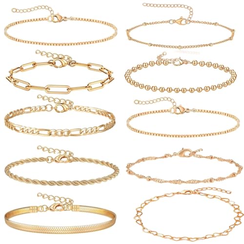 Image of SANNIDHI Bracelets for Women, Pack of 10 Chic Gold Silver Alloy Layered Bracelets Set Ladies Slim Link Bracelet for Woman Wrist Jewelry Gift