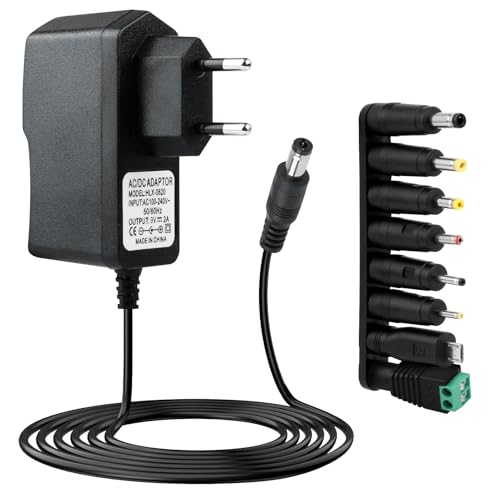 Alimentation 9V 2A, Adaptateur Secteur AC 230V vers DC 9V 2000mA 1000mA 500mA 5.5 * 2.1mm avec 8 Fiches Amovibles Multiples, Chargeur AC/DC 100-240v 50-60hz pour LED Routeur CCTV et Appareils