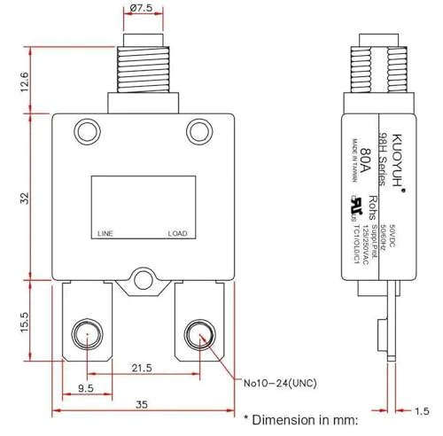 Interrupteur thermique manuel 98H 70A haute performance à vis droite