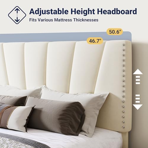 Image of Allewie Full Size Velvet Platform Bed Frame with Adjustable Headboard Cream | Height-Adjustable Velvet Headboard, Rivet-Style Nailhead Trim, Wooden Slat Support, No Box Spring Needed, Easy Assembly
