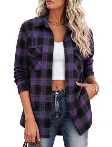 Image of Zeagoo Flannel Shirt Women Plaid Button Down Shackets Long Sleeve Fall Tops | Cotton Brushed Flannel Shirts Lightweight Loose Fit Blouse Business Casual Office Outfits 2026 Fashion Summer Western Clothes