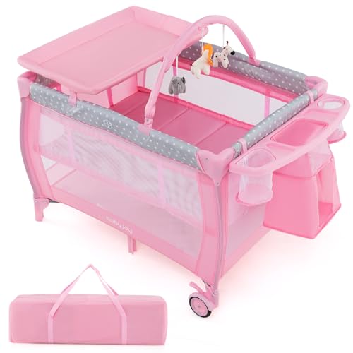 Image of BABY JOY 3 in 1 Portable Pack and Play with Bassinet, Convertible Baby Travel Crib Playard with Changing Table, Brake Wheel, Newborn Napper with Large Capacity Storage Shelf, Oxford Carry Bag