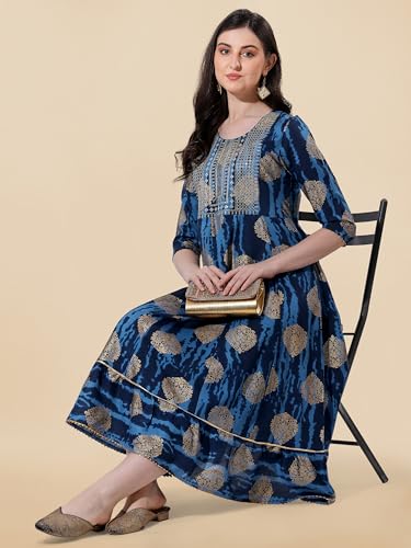 Image of MIRCHI FASHION Women's Cotton Relaxed Fit A Line Sequins Embroidery Work Foil Printed A-Line Kurti Only