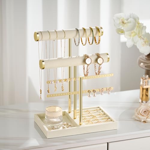 Image of Jewelry Organizer Stand for Necklaces, Bracelets, Earrings, Rings, Beige | 3 Tier Velvet Bracelet Holder Display | Jewelry Organizers and Storage | Jewelry Tree | Jewelry Towers
