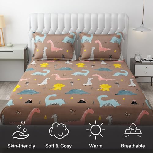 Image of RD FABS Glace Cotton Wrinkle Free Soft Hypoallergenic Elastic Fitted Cartoon Printed Bedsheets for Kids with 2 Pillow(Size,78 x 72 Inches(Fits up to 8 Inch),Rosy /Dinosaur),Double Bed,300 TC