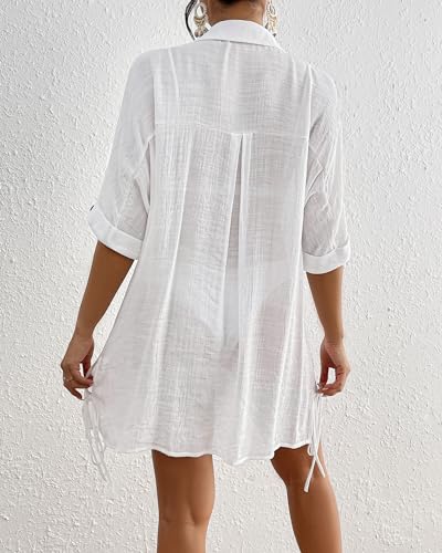 Eddoyee Women’s Button Down Shirts V-Neck Long Sleeve Bikini Bathing Suit Cover Up Plus Size Casual Blouse Beachwear4