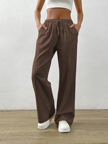Image of TOPLOT Women's Linen Blend Wide Leg Palazzo Pants | Elastic Drawstring Waist Trousers for Woman | Relaxed Fit Casual Lounge Trousers | Breathable Straight Leg Everyday Bottom Wear (5268)