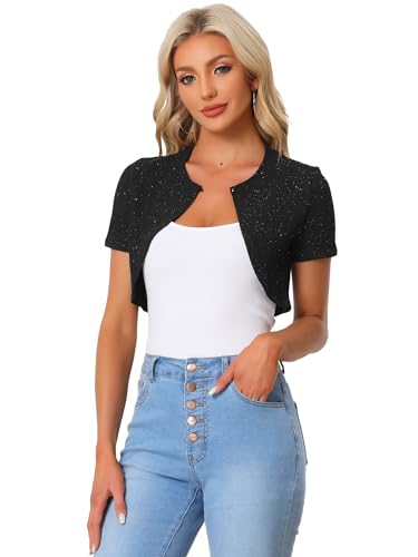 Image of Allegra K Women's Cropped Cardigan Knitted Metallic Bolero Shrug X-Large Black