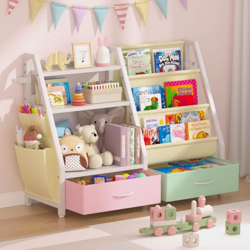 Twinkoo Kids Bookshelf and Toy Organizer, Sturdy 3 Tier Kids Bookcase, Sling Bookshelf and 2 Toy Bins, Toddler Montessori Book Shelf with Toy Storage Organizer for Children Room, Playroom, Nursery