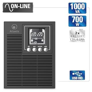Atlantis A03-OP1002XLN UPS OnLine 88% Più Silenzioso Gruppo di Continuità Server Doppia conversione Onda Sinusoidale Pura 1000VA 700W, Ventola Low Noise Gelid 23,6 dbA,USB,2 Schuko + 1 IEC, 2x12V-9Ah