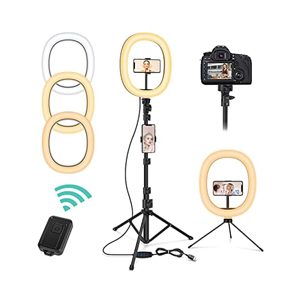 Tiikiy Ringleuchte Stativ mit Ferbedienung, 10'' LED Selfie Ringlicht mit Handyhalter, Tischringlicht mit 3 Farben & 10…