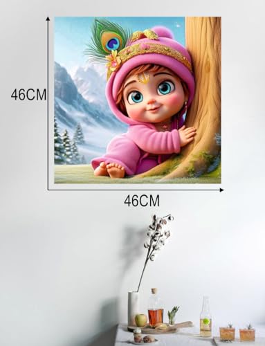 Image of Akki Wold Cute Eyes Pink Krishna Back Snow Mountain Wall Poster For Living Room, Office, Pooja Room (Size - 46CM X 46CM)