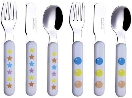 EXZACT Kids Cutlery 6pcs Stainless Steel 18/10 Children's Cutlery Set - incl. 2 x Forks, 2 Safety Knives; 2 x Dinner Spoons - Plastic Handle, Toddler Utensils BPA Free Flatware - Stars & Dots