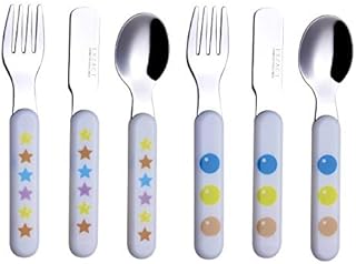 EXZACT Kids Cutlery 6pcs Stainless Steel 18/10 Children's Cutlery Set - incl. 2 x Forks, 2 Safety Knives; 2 x Dinner Spoons - Plastic Handle, Toddler Utensils BPA Free Flatware - Stars & Dots