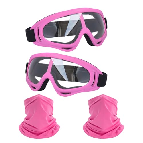 Image of LJDJ Motorcycle Goggles,2 Pack Dirt Bike ATV Motocross Riding Hiking Protective with 2 Pack Neck Breathable Bandana Mask (Rose Pink /Clear+mask)