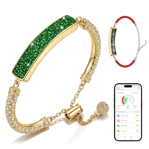 Image of 2-in-1 Crystal-Inlaid Smart Bracelet for Women, Jewelry Fitness Tracker with Heart Rate, Sleep & Cycle Tracking, IP68 Waterproof, Interchangeable Bands (Gold Emerald-1)