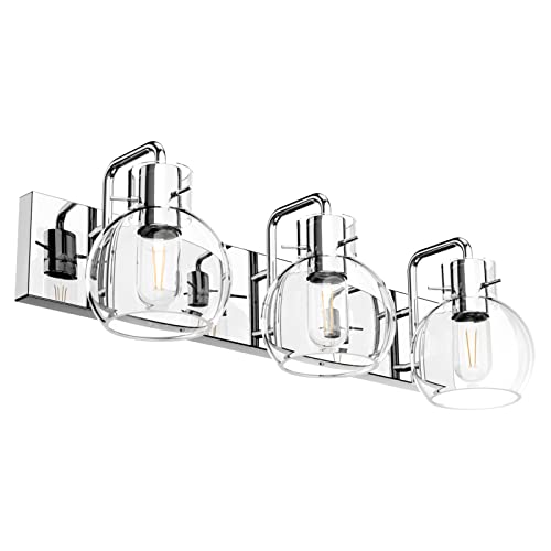 Image of Tipace Modern Bathroom Vanity Lighting Fixtures 3-Lights Industrial Stainless Steel Chrome Finish with Globe Clear Glass Vanity Lights Farmhouse Bath Lighting(Exclude Bulb)