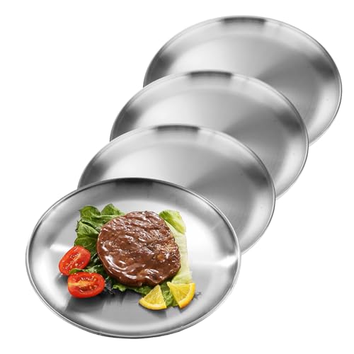 GOMETY 4 platos redondos de acero inoxidable de 23 cm, platos de acero inoxidable, plato redondo mate, plato para pizza, bandeja de metal para camping, pícnic, senderismo, cena, aperitivos, fiestas