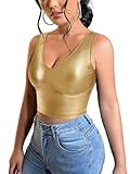 Floerns Women's PU Leather V Neck Solid Sleeveless Camisole Crop Tank Top Solid Gold X-Large