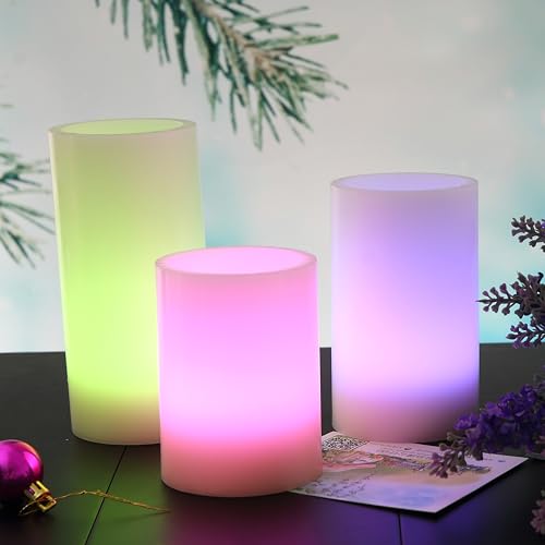Image of CANDLE CHOICE Battery Operated Color Changing Flameless Candles with Remote Timer Real Wax Realistic Flickering Electric Multicolor LED Pillars Lights for Home Wedding Christmas Decorations 3 Pack