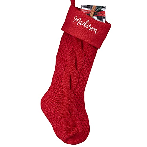 Personalization Universe Cozy Cable Knit Personalized Christmas Stocking - 21" Stocking with Custom Embroidery, Perfect for Holiday Decor, Santa Claus, Gifts, and Christmas Decor, Decorations -Red