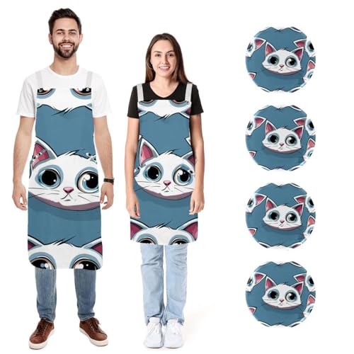 Tablier de cuisine lin réglable chat mignon lot de 2 fini les taches