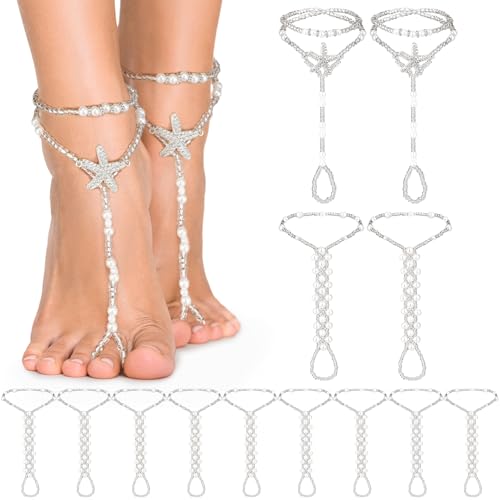 Kigeli 12 Pairs Foot Jewelry Barefoot Sandals for Women Beach Pearl Anklet Chain with Starfish Rhinestone Boho Crystal Barefoot Sandals for Wedding Bride Bridesmaid Beach Wearing