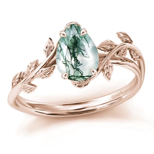 Natural Moss Agate Ring for Women 14K Rose Gold Pear Green Moss Agate Engagement Ring in Sterling Silver Wedding Promise Ring Jewelry Gift for Women,Ring Size 7