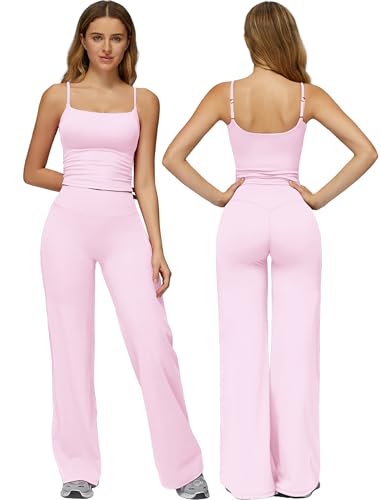 ABOCIW Workout Sets for Women 2 Piece Spaghetti Straps Crop Tank Top with Built in Pads Matching Wide Straight Leg Yoga Pants Leggings Pilates Outfits Gym Activewear Baby Pink Small