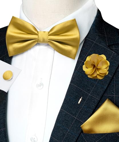 Image of RBOCOTT Solid Color Bow Tie and Pocket Square with Lapel Pin Cufflinks Set 4PCS