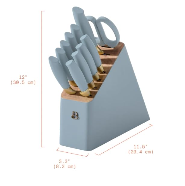 Beautifull 12 Pc Cornflower & Gold Knife Block Set with Soft-Grip Ergonomic Handles by Drew Barrymore