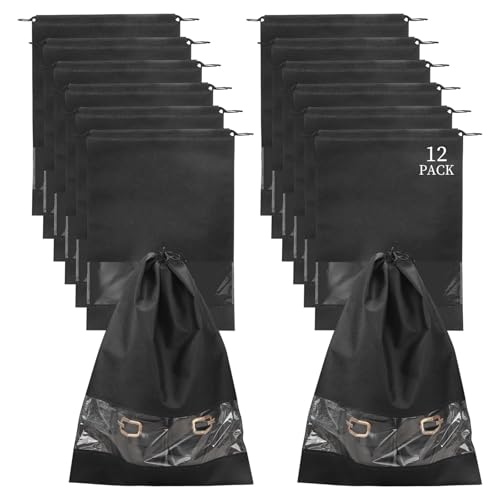 12 Pcs Portable Travel Shoe Bags, 17.3 x 12.6 Inches Waterproof Non-Woven Shoe Organizers Storage Bags, Large Drawstring Shoes Pouch Packing Organizers with Rope for Men, Women, Children (Black)