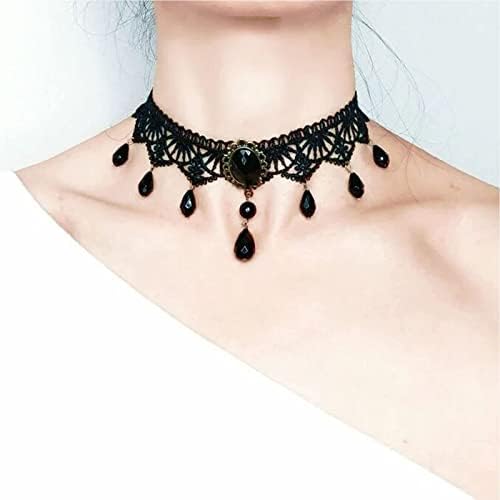 Yheakne Boho Crystal Lace Choker Necklace Black Teardrop Necklace Choker Gothic Droplet Crystal Collar Necklace Retro Vintage 90s Necklace Chain Jewelry for Women and Girls Gifts
