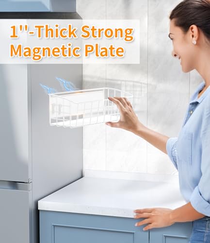 Image of 2Pack Magnetic Shelf for Refrigerator with Removable Hooks(White) | Strong Magnetic Spice Rack for Kitchen Storage, Fruit Potato Onion Storage Shelves, Large Magnetic Basket Organizer