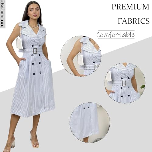 Womens Striped Midi Dress V-Neck Lapel Self-Tie Belt Flowy A-Line Office Work Dress for Casual and Professional4