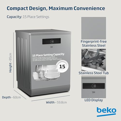 Beko Freestanding Dishwasher 15 Place Settings, 8 Programs, 3 Racks,A++ Energy Rating,Quiet Operation (44 dBA),Sliding Cutlery Tray,10 yrs warranty on Prosmart inverter motor, BDEN38523XQ(Stainless)