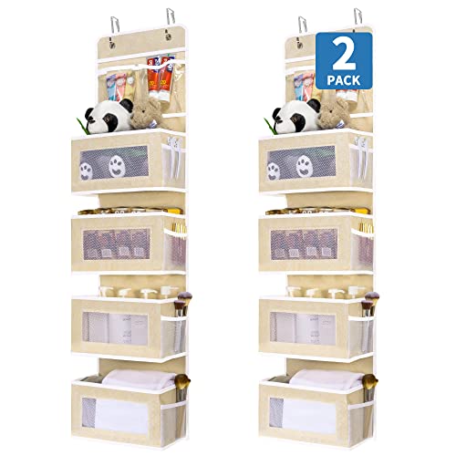 Image of JARLINK 2 Pack 5-Shelf Over Door Hanging Organizer, Wall Mount Storage for Bedroom, Clear Window and PVC Pocket for Storage Cosmetics, Stationery, Sundries, Silk Printing (Beige)