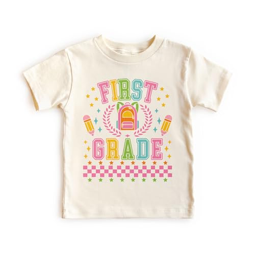 Preppy First 1st Grade Shirts For Girls - Back To Elementary School Pencil Backpack Outfit - Cute Gift For First Day Of School Announcement - Natural Toddler & Youth T-Shirt