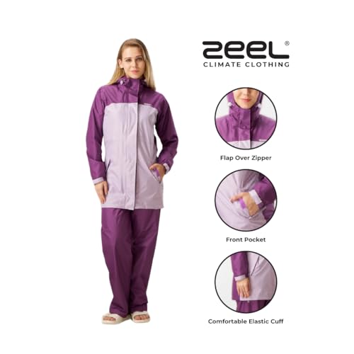 Image of ZEEL Rain Coat for Women Waterproof with Adjustable Hood, Rainwear Suit with Backpack Friendly Pleate, Front Zip with Snap Button Flap, Pants for Ladies (ELS508, Pink, L)