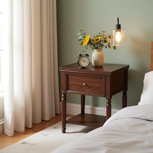 Image of Chogori Solid Wood End Table with Drawer, 2PCS Sofa Side Table with Storage Shelves, Real Wood Beside Table Accent Table Nightstand for Small Spaces, Living Room, Easy Assembly (Walnut)