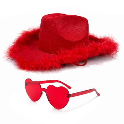 4E's Novelty Red Cowboy Hat with Feathers with Heart Shaped Sunglasses, Cowgirl Hat for Women Party Dress Up Valentines Day Accessories