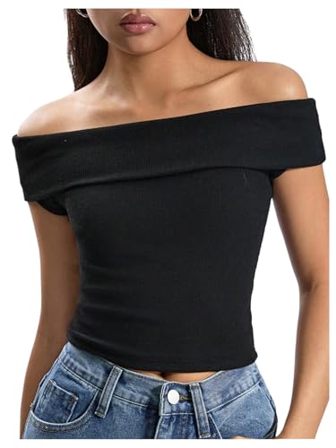 SweatyRocks Girl's Off The Shoulder T Shirt Short Sleeve Slim Fit Summer Tops Streetwear
