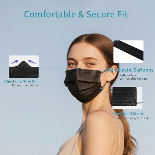 akgk 100Pcs Disposable Face Masks, Black Face Mask, 3 Ply Disposable Mask