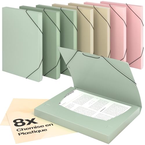 ACROPAQ - 8 x Chemise à Élastiques A4 - Jusqu'à 250 pages, Dos de 3 cm, Fermeture Élastique, Terre, Collection de Couleurs Nature - Chemises à Dossier, Range...