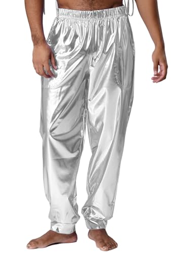 Yihuimin Pantalones metálicos para hombre de cintura alta, pantalones largos de harén, pantalones largos, pantalones cónicos, discotecas, discotecas, disfraz de carnaval, plata, M