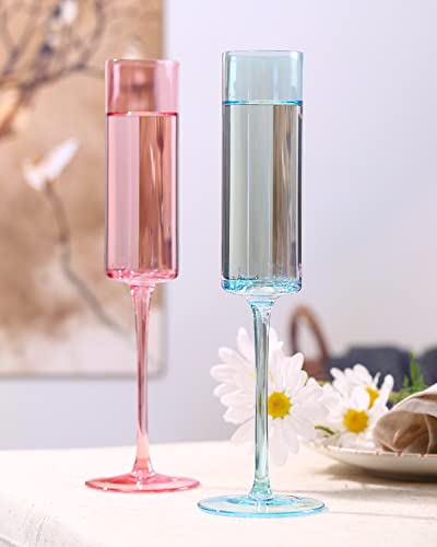 Comfit Champagne Flutes -Square Champagne Flutes With Multi Color Modern Colored Champagne Glasses Set Of 6, Lead-Free Premium Crystal, Gifts For Weddings, Anniversaries, Christmas, 6.5 Oz #TOP1