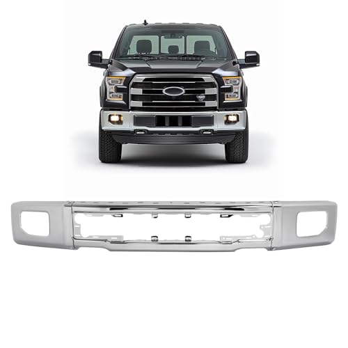 KUAFU Front Bumper Face Bar Compatible with 2015-2017 Ford F-150 Replacement for FO1002422 FL3Z17757A Steel Chrome Silvery With Fog Light Holes