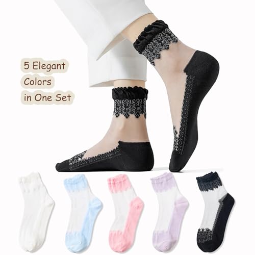 Image of DXYAKY 5 Pairs Sheer Floral Socks for Women, Lightweight Mesh Ankle Lace Socks, Breathable Summer Cute Transparent Stockings